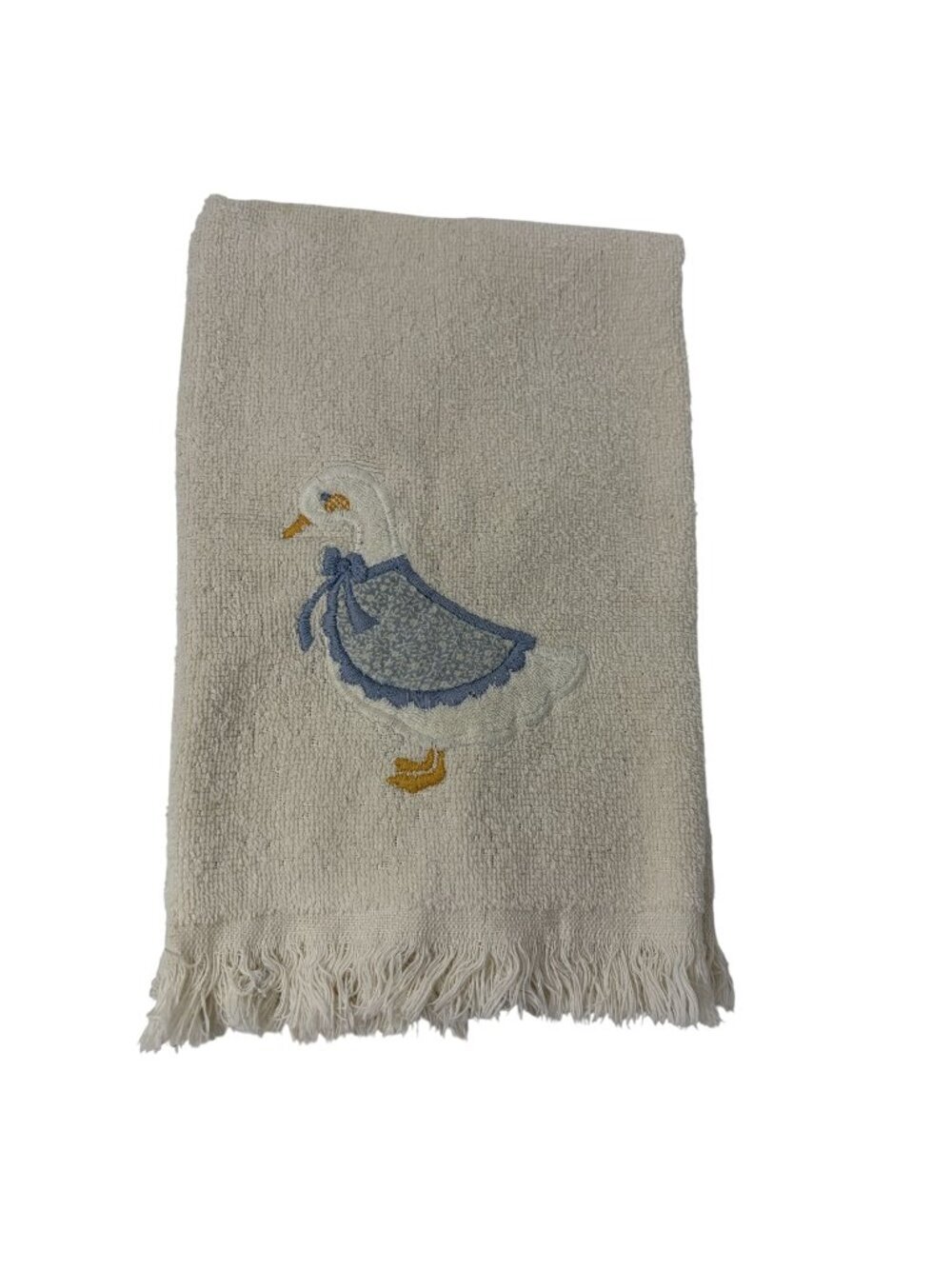 Vintage Country Goose Embroidered Hand Towel Cream Blue Floral Bonnet Fringe Cot